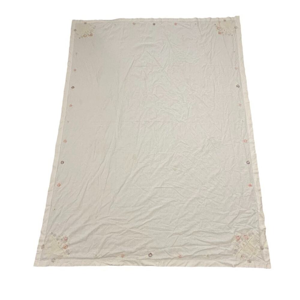 Vintage Embroidered Table Cloth Dining White Floral Pastel Farmhouse 80"x62"
